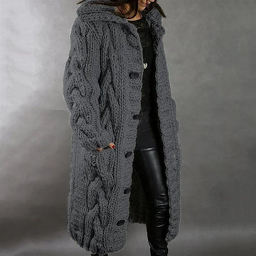 Women's cable knit button-front hooded winter cardigan with pockets - Blue