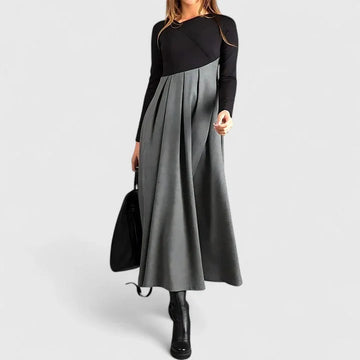 Women's colorblock v-neck winter midi dress with pleated skirt - Black Gray