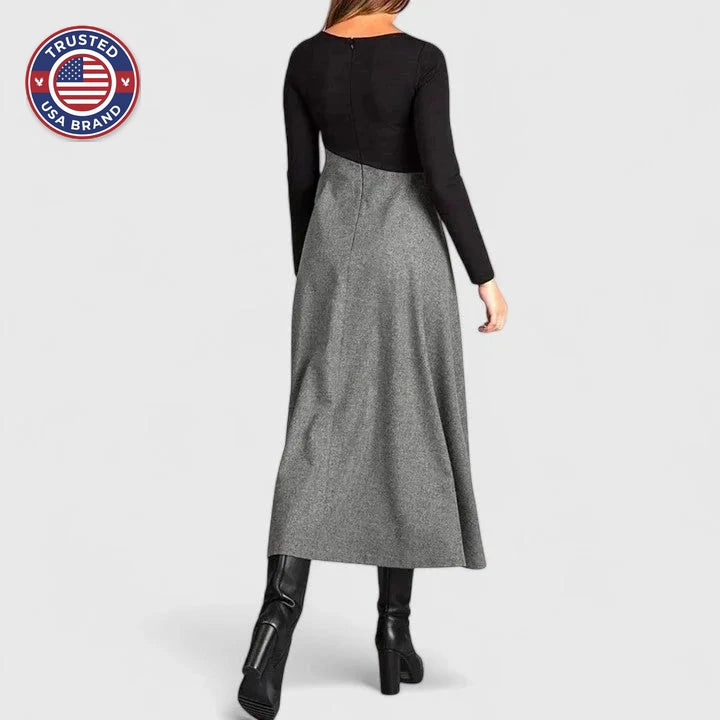 Women's colorblock v-neck winter midi dress with pleated skirt - Black Gray