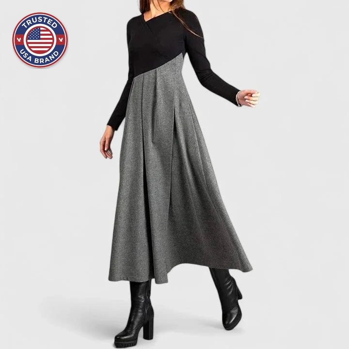 Women's colorblock v-neck winter midi dress with pleated skirt - Black Gray