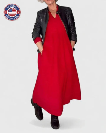 Women's knit v-neck winter midi dress with voluminous sleeves - Red