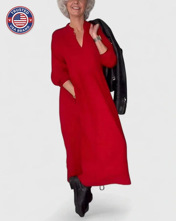 Women's knit v-neck winter midi dress with voluminous sleeves - Red