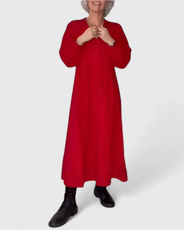 Women's knit v-neck winter midi dress with voluminous sleeves - Red