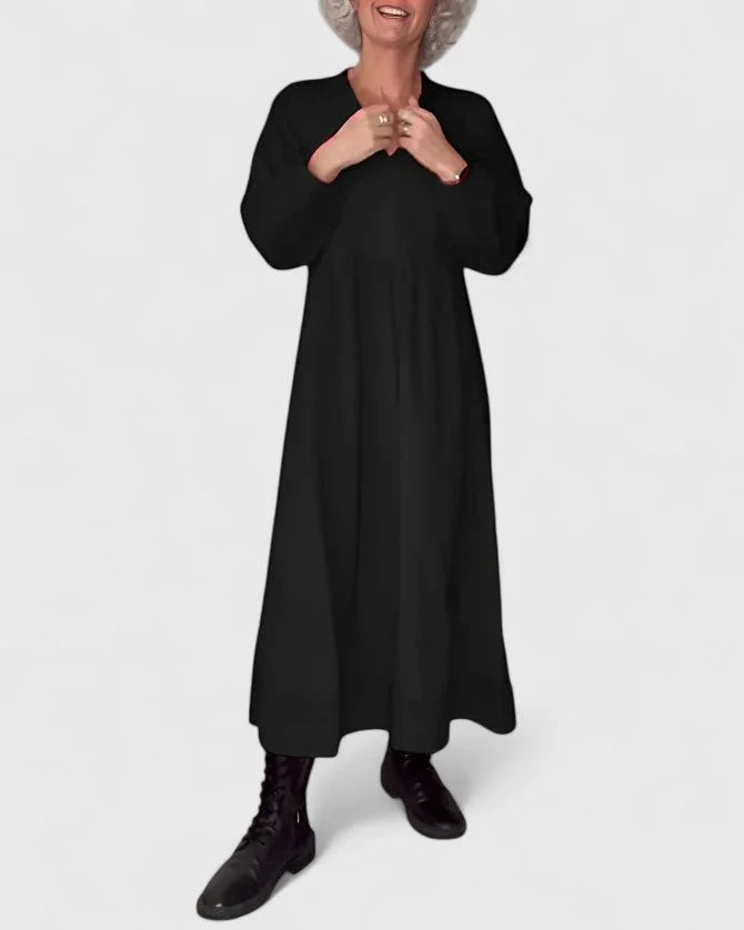Women's knit v-neck winter midi dress with voluminous sleeves - Red