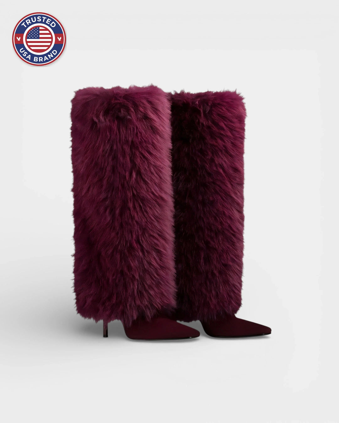 Women's knee high winter boots, shaggy faux fur, pointed toe, stiletto