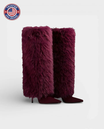 Women's knee high winter boots, shaggy faux fur, pointed toe, stiletto