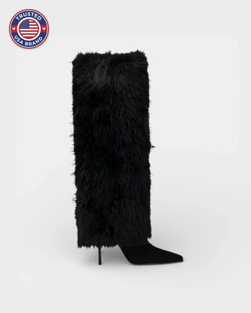 Women's knee high winter boots, shaggy faux fur, pointed toe, stiletto
