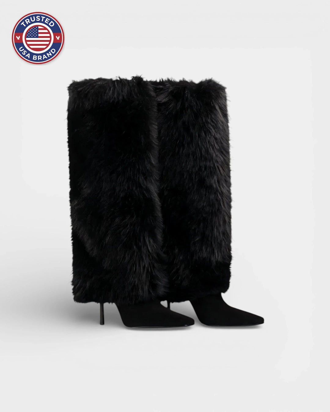 Women's knee high winter boots, shaggy faux fur, pointed toe, stiletto