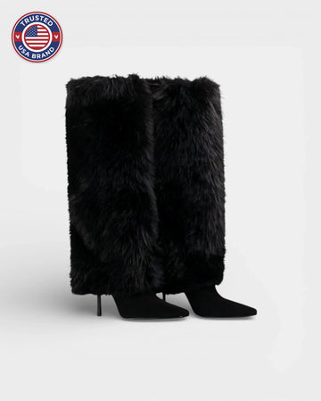 Women's knee high winter boots, shaggy faux fur, pointed toe, stiletto