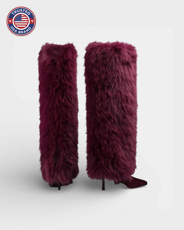 Women's knee high winter boots, shaggy faux fur, pointed toe, stiletto