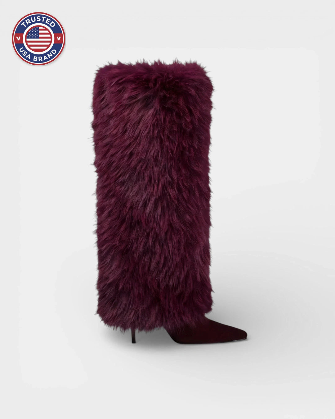 Women's knee high winter boots, shaggy faux fur, pointed toe, stiletto