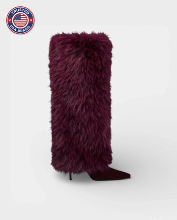 Women's knee high winter boots, shaggy faux fur, pointed toe, stiletto
