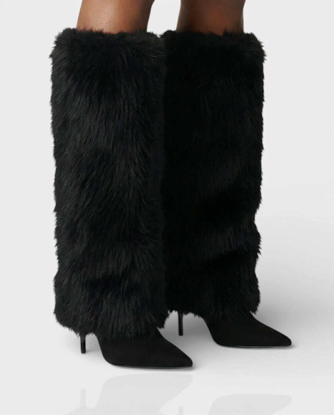 Women's knee high winter boots, shaggy faux fur, pointed toe, stiletto in Black