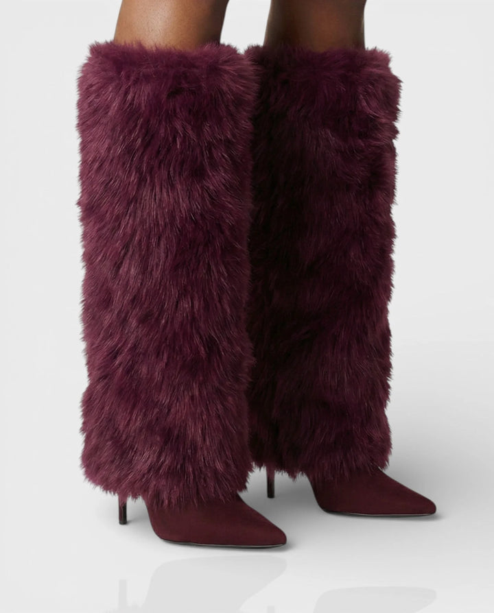Women's knee high winter boots, shaggy faux fur, pointed toe, stiletto in Red