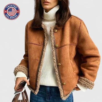 Women's suede button-front collared winter jacket with sherpa trim - Brown