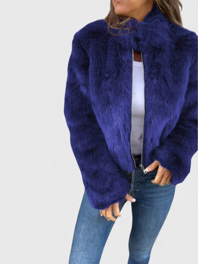 Women's faux fur zip-up stand collar winter jacket - Brown