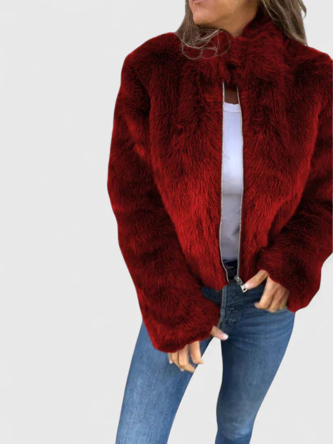 Women's faux fur zip-up stand collar winter jacket - Brown