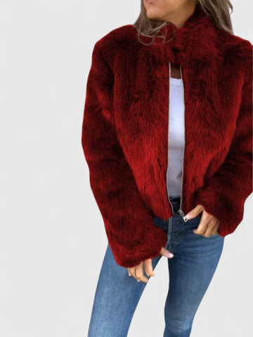 Women's faux fur zip-up stand collar winter jacket - Brown