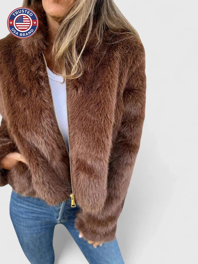 Women's faux fur zip-up stand collar winter jacket - Brown