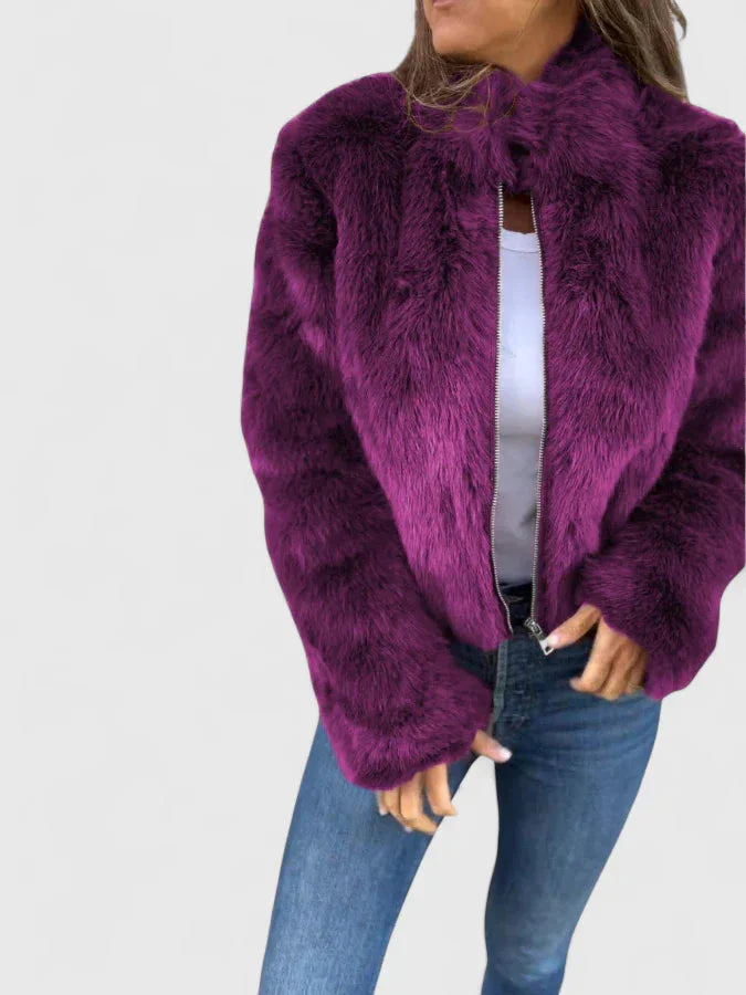 Women's faux fur zip-up stand collar winter jacket - Brown