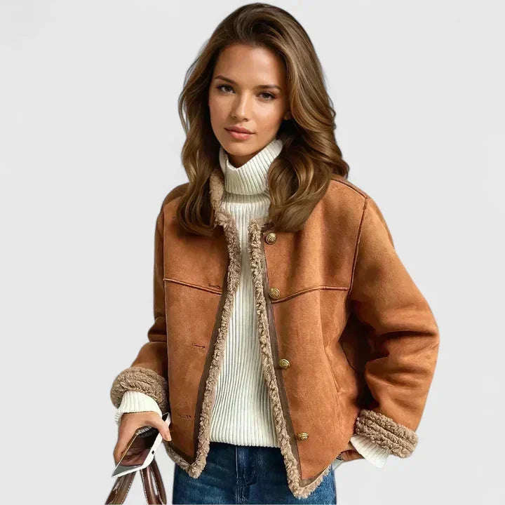 Women's suede button-front collared winter jacket with sherpa trim - Brown