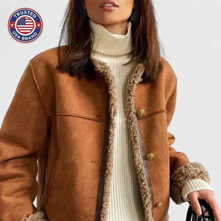 Women's suede button-front collared winter jacket with sherpa trim - Brown
