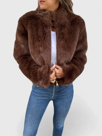 Women's faux fur zip-up stand collar winter jacket - Brown