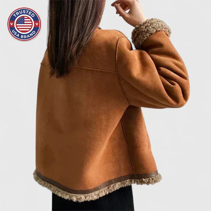 Women's suede button-front collared winter jacket with sherpa trim - Brown