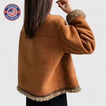 Women's suede button-front collared winter jacket with sherpa trim - Brown