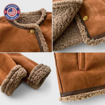 Women's suede button-front collared winter jacket with sherpa trim - Brown