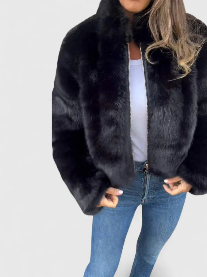 Women's faux fur zip-up stand collar winter jacket - Brown