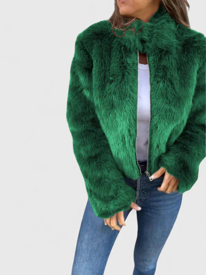 Women's faux fur zip-up stand collar winter jacket - Brown