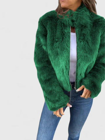 Women's faux fur zip-up stand collar winter jacket - Brown