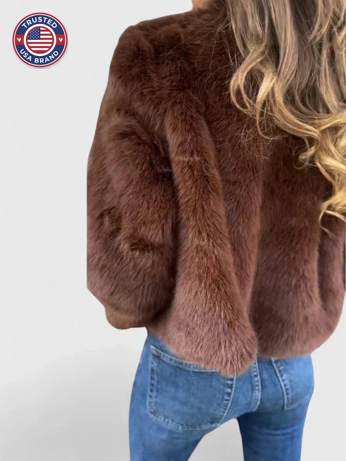 Women's faux fur zip-up stand collar winter jacket - Brown