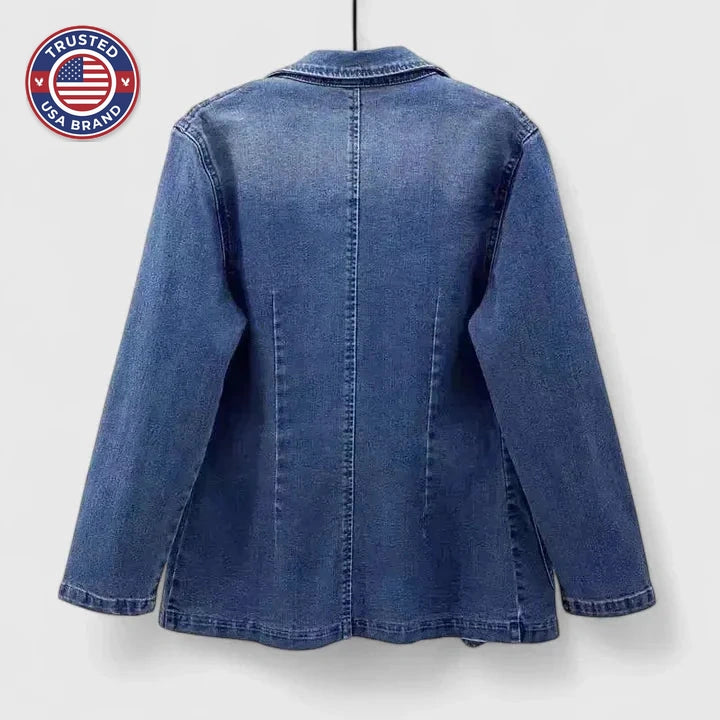 Women's denim button-front notch lapel winter blazer with two patch pockets - Denim Blue