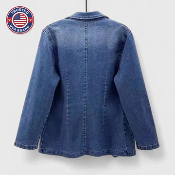Women's denim button-front notch lapel winter blazer with two patch pockets - Denim Blue