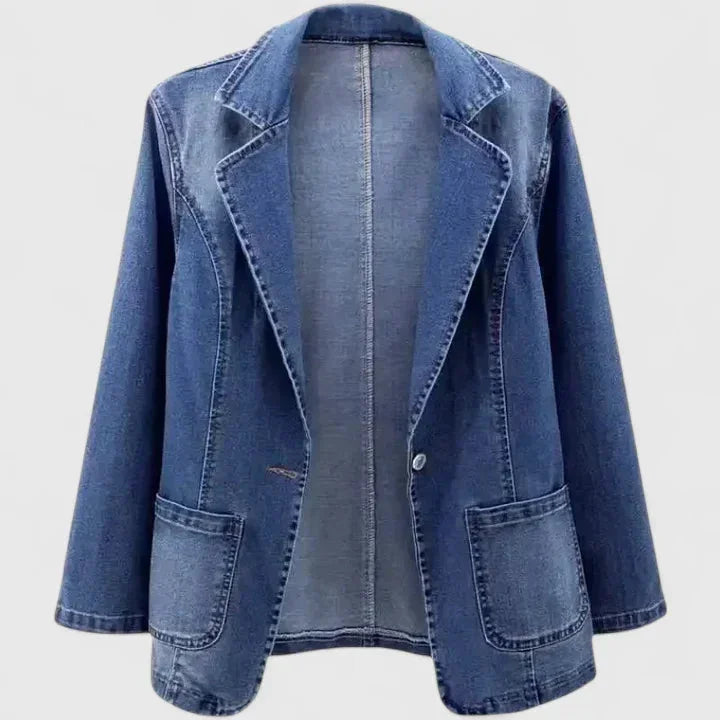 Women's denim button-front notch lapel winter blazer with two patch pockets - Denim Blue