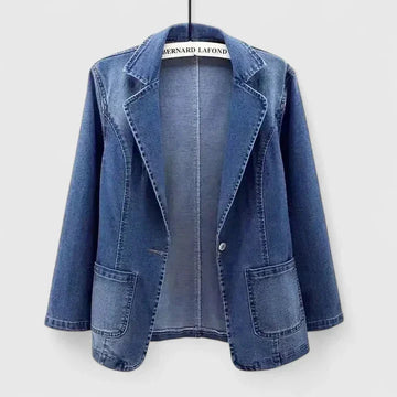 Women's denim button-front notch lapel winter blazer with two patch pockets - Denim Blue