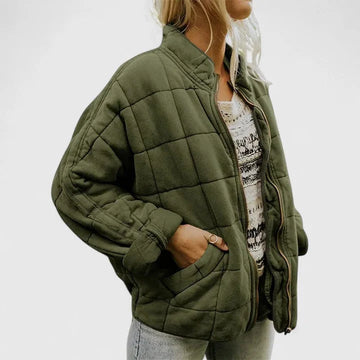 Women's zip-up stand collar winter puffer jacket with quilted box pattern - Green
