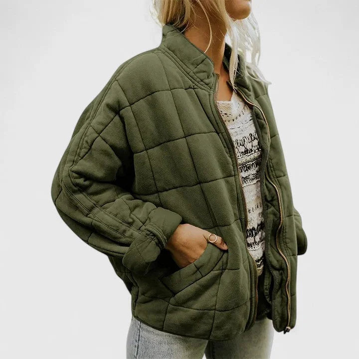 Women's zip-up stand collar winter puffer jacket with quilted box pattern - Green