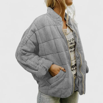 Women's zip-up stand collar winter puffer jacket with quilted box pattern - Green