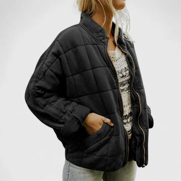 Women's zip-up stand collar winter puffer jacket with quilted box pattern - Green