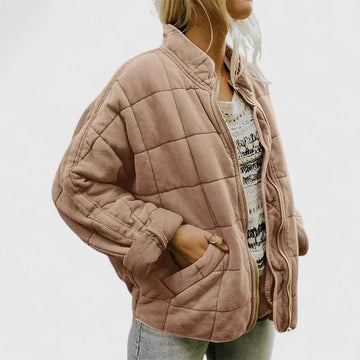 Women's zip-up stand collar winter puffer jacket with quilted box pattern - Green