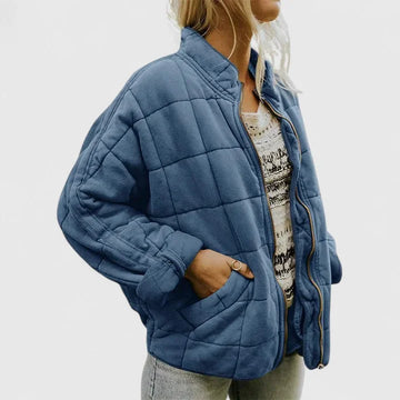 Women's zip-up stand collar winter puffer jacket with quilted box pattern - Green