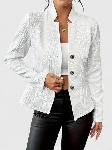 Women's knit button-front stand collar winter blazer with textured patterns - White