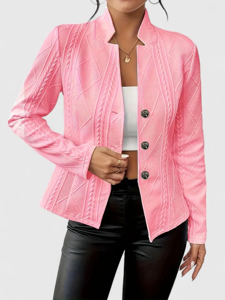 Women's knit button-front stand collar winter blazer with textured patterns - White
