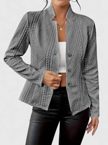 Women's knit button-front stand collar winter blazer with textured patterns - White