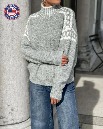 Women's knit roll neck winter fair isle sweater - Gray