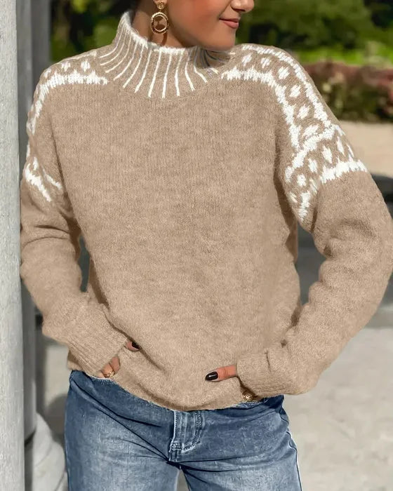 Women's knit roll neck winter fair isle sweater - Gray