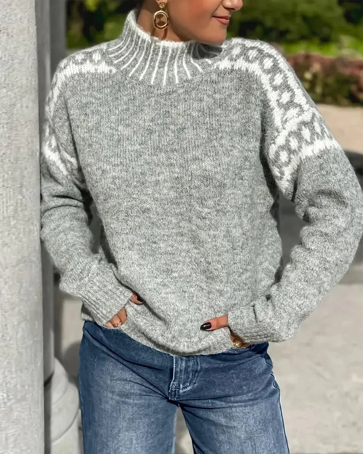 Women's knit roll neck winter fair isle sweater - Gray